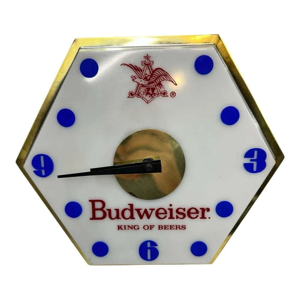 Vintage 1960's Budweiser King of Beers Lighted Hexagon Wall Clock Bar Sign Works